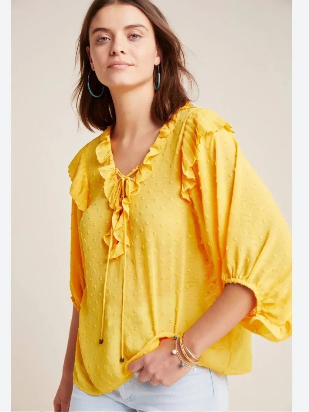 Anthropologie Haida Peasant Blouse Yellow Mustard Ruffle Chiffon Sz Medium